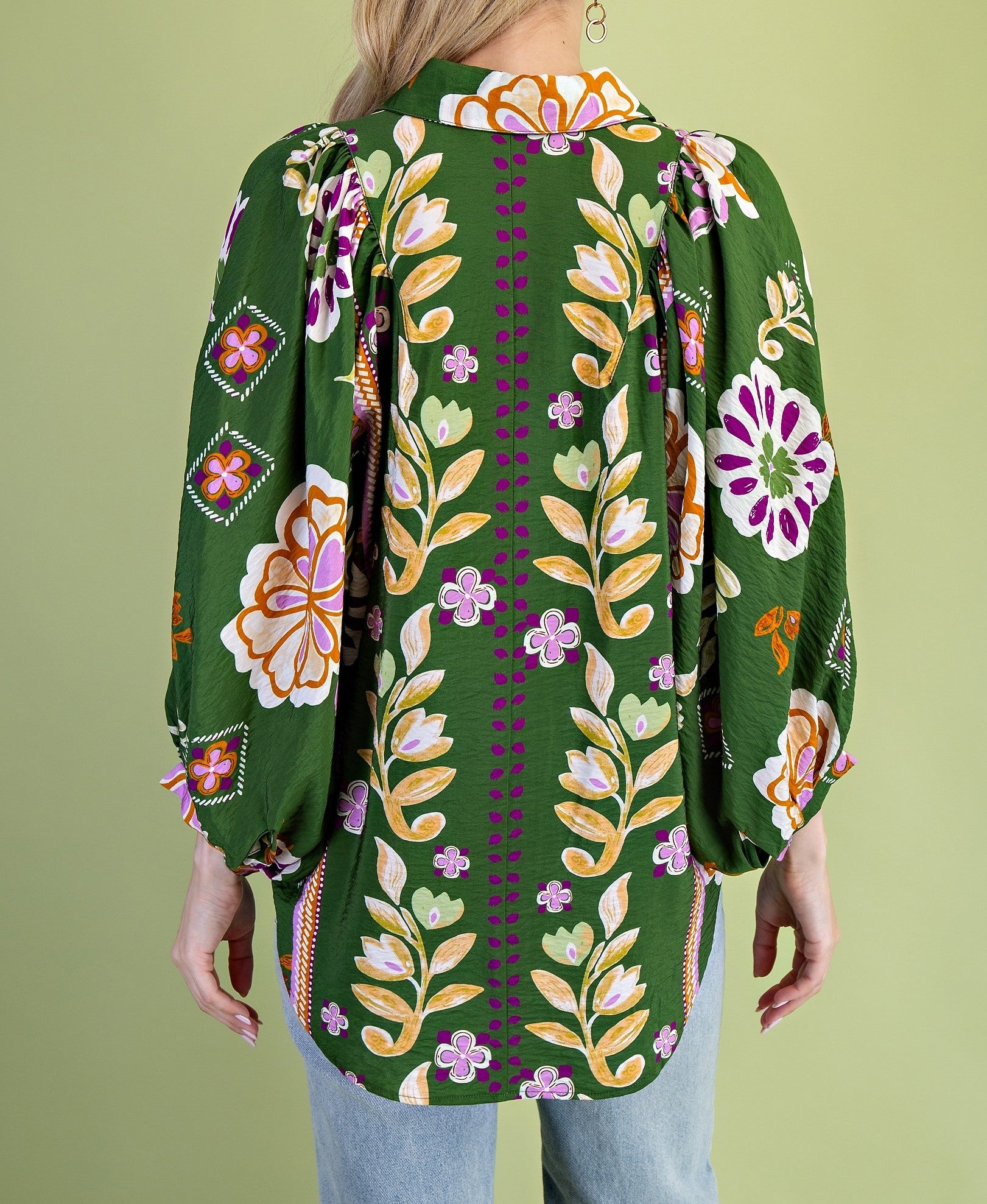 OLIVE MULTI FLORAL PRINT LONG SLEEVE BUTTON UP BLOUSE