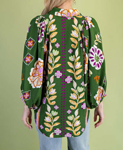 OLIVE MULTI FLORAL PRINT LONG SLEEVE BUTTON UP BLOUSE