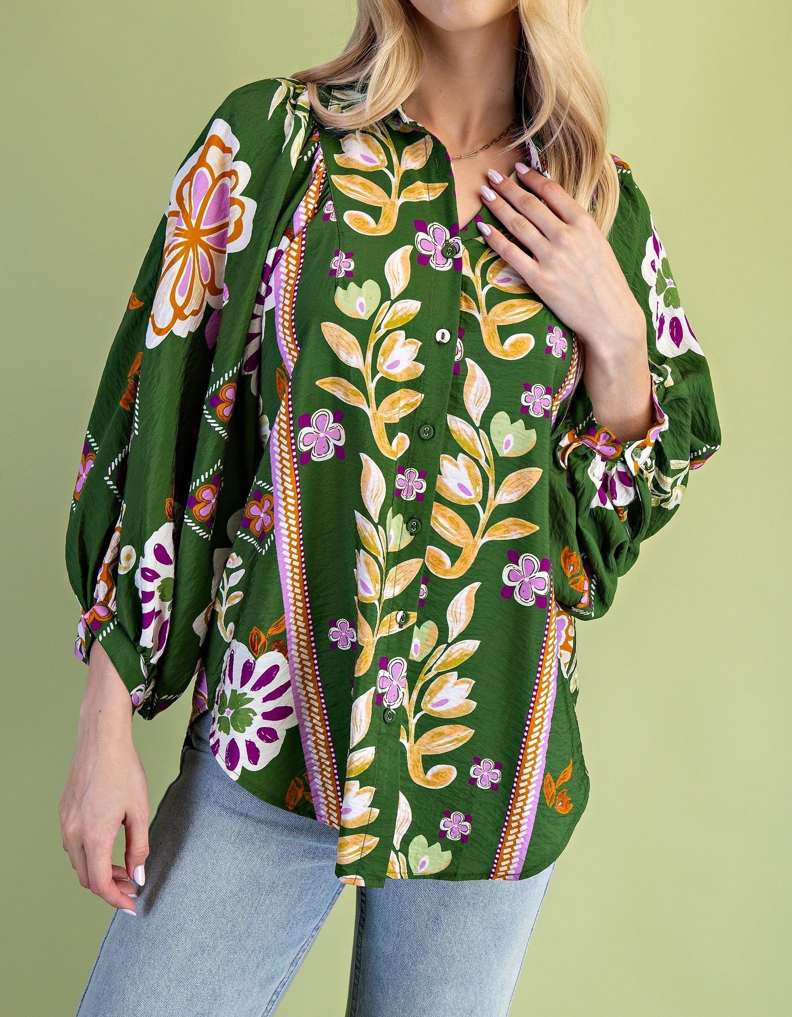 OLIVE MULTI FLORAL PRINT LONG SLEEVE BUTTON UP BLOUSE