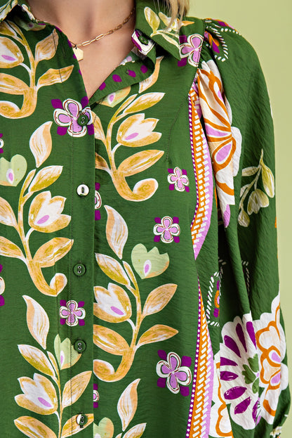 OLIVE MULTI FLORAL PRINT LONG SLEEVE BUTTON UP BLOUSE