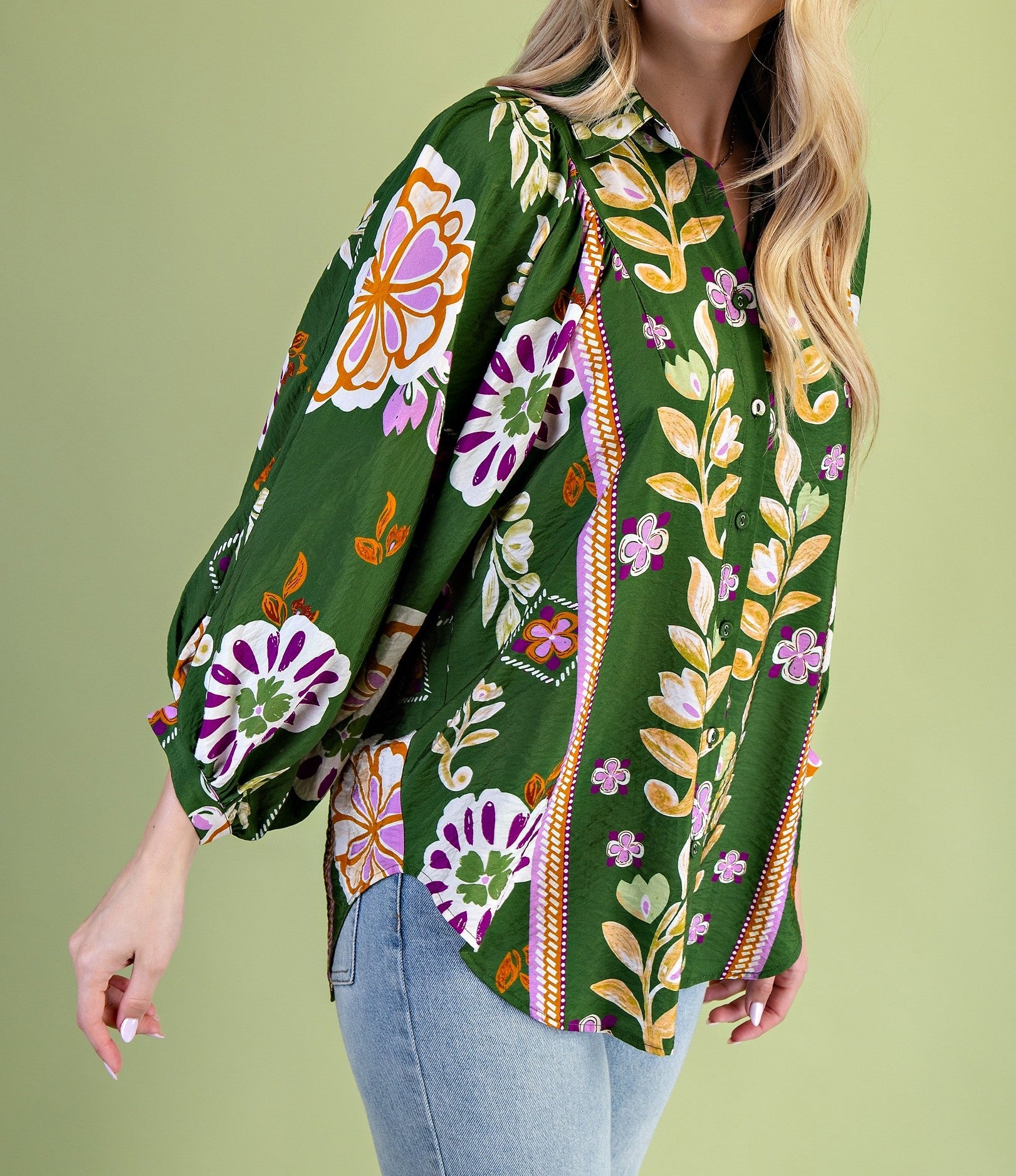 OLIVE MULTI FLORAL PRINT LONG SLEEVE BUTTON UP BLOUSE