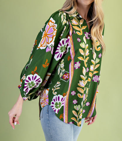 OLIVE MULTI FLORAL PRINT LONG SLEEVE BUTTON UP BLOUSE