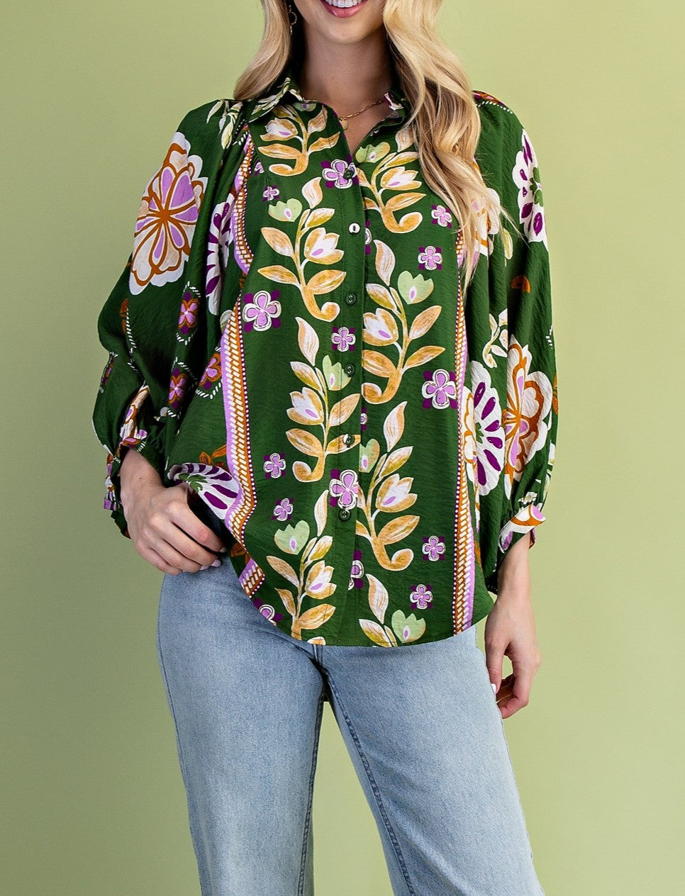 OLIVE MULTI FLORAL PRINT LONG SLEEVE BUTTON UP BLOUSE