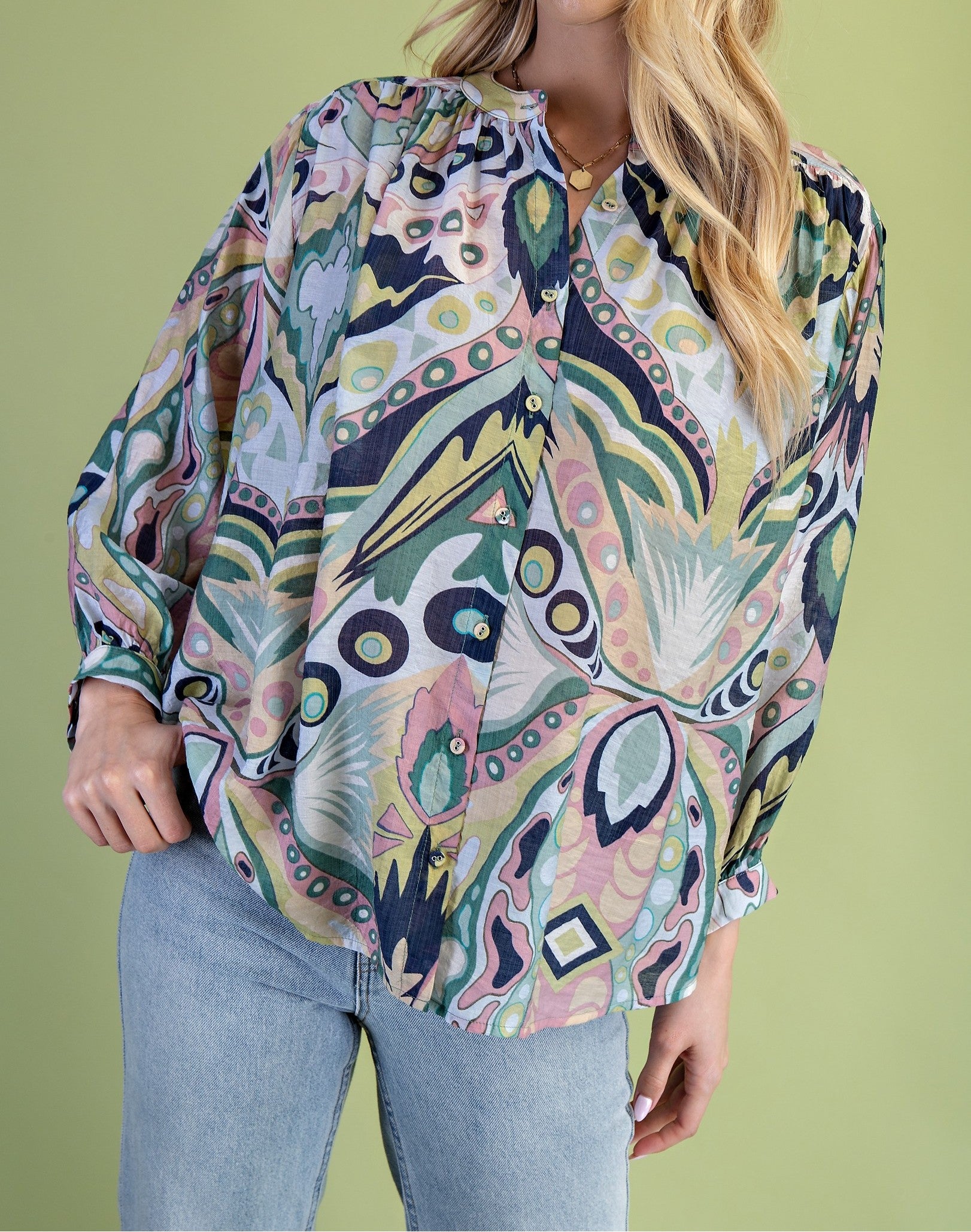 NAVY/MINT MULTI PRINT BATWING LONG SLEEVE BLOUSE