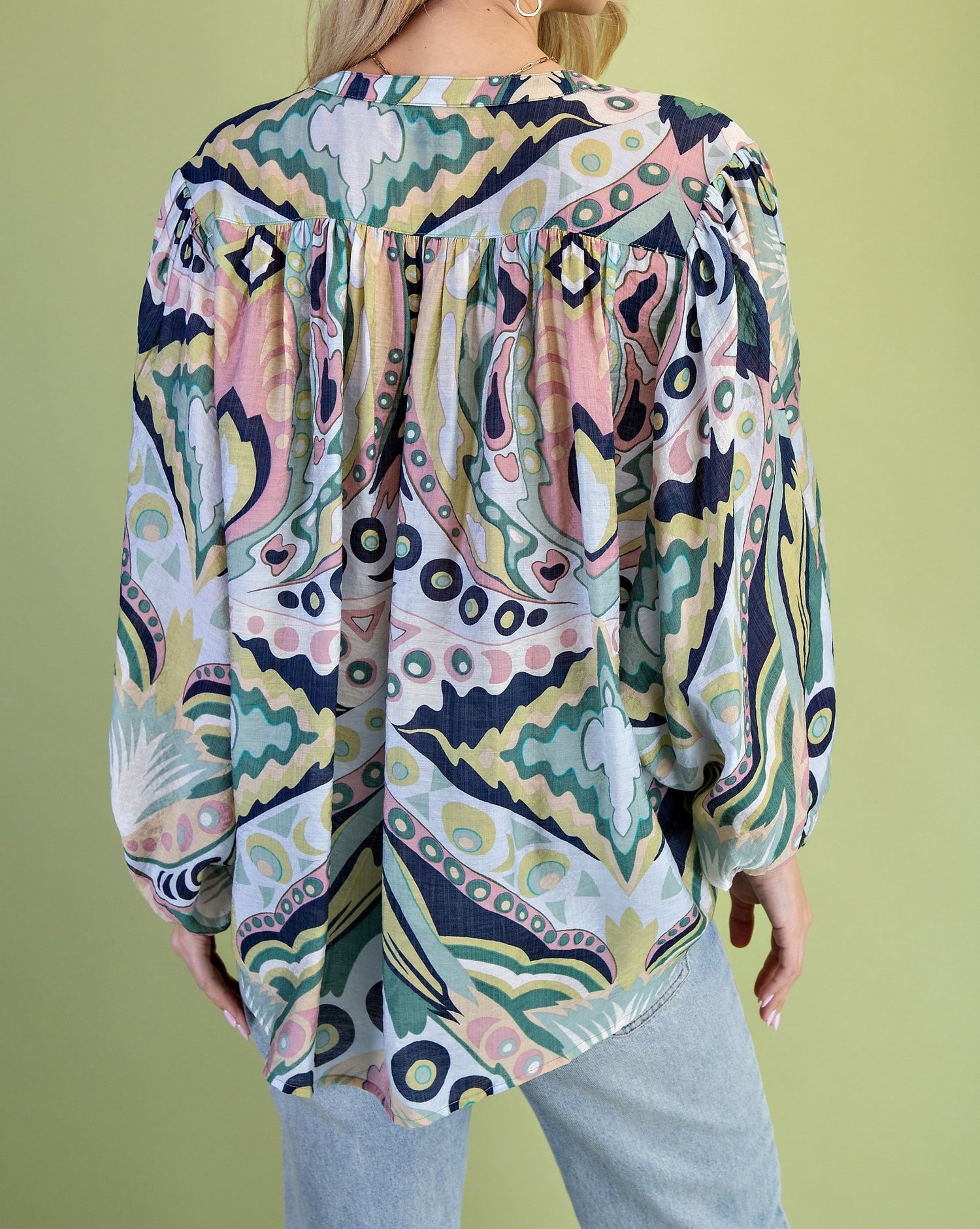 NAVY/MINT MULTI PRINT BATWING LONG SLEEVE BLOUSE