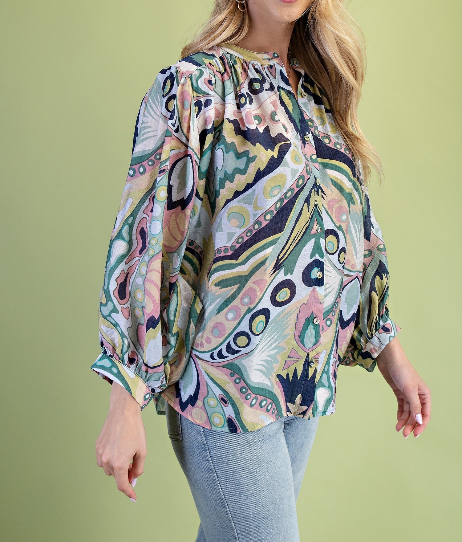 NAVY/MINT MULTI PRINT BATWING LONG SLEEVE BLOUSE