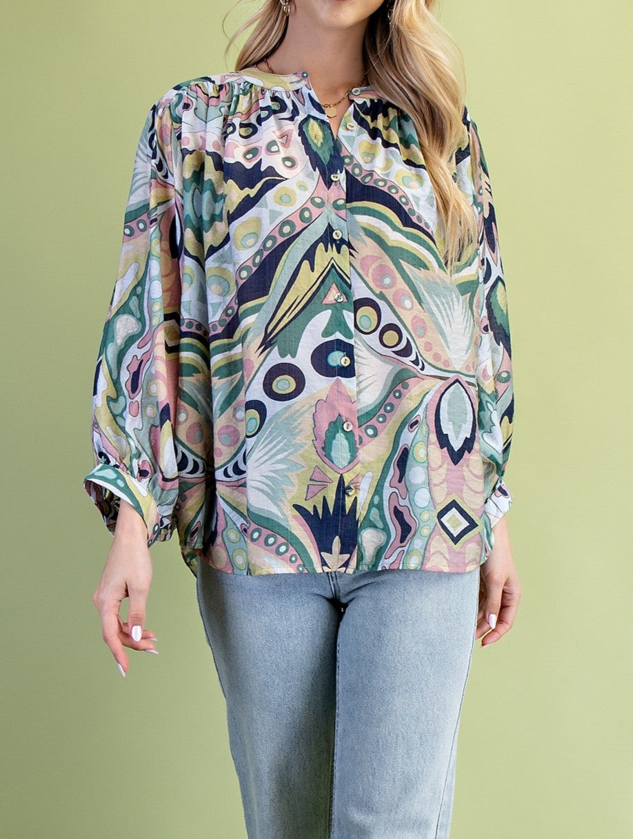 NAVY/MINT MULTI PRINT BATWING LONG SLEEVE BLOUSE