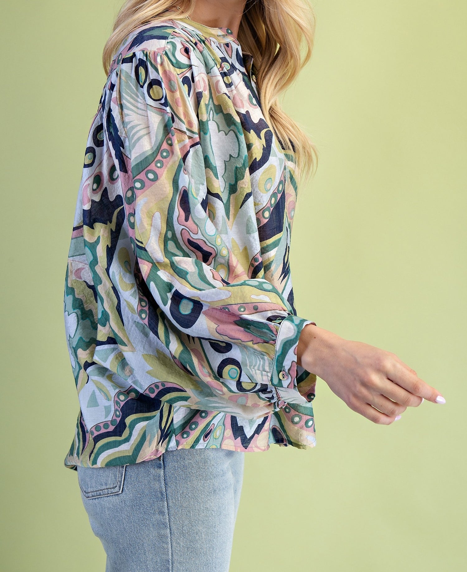 NAVY/MINT MULTI PRINT BATWING LONG SLEEVE BLOUSE