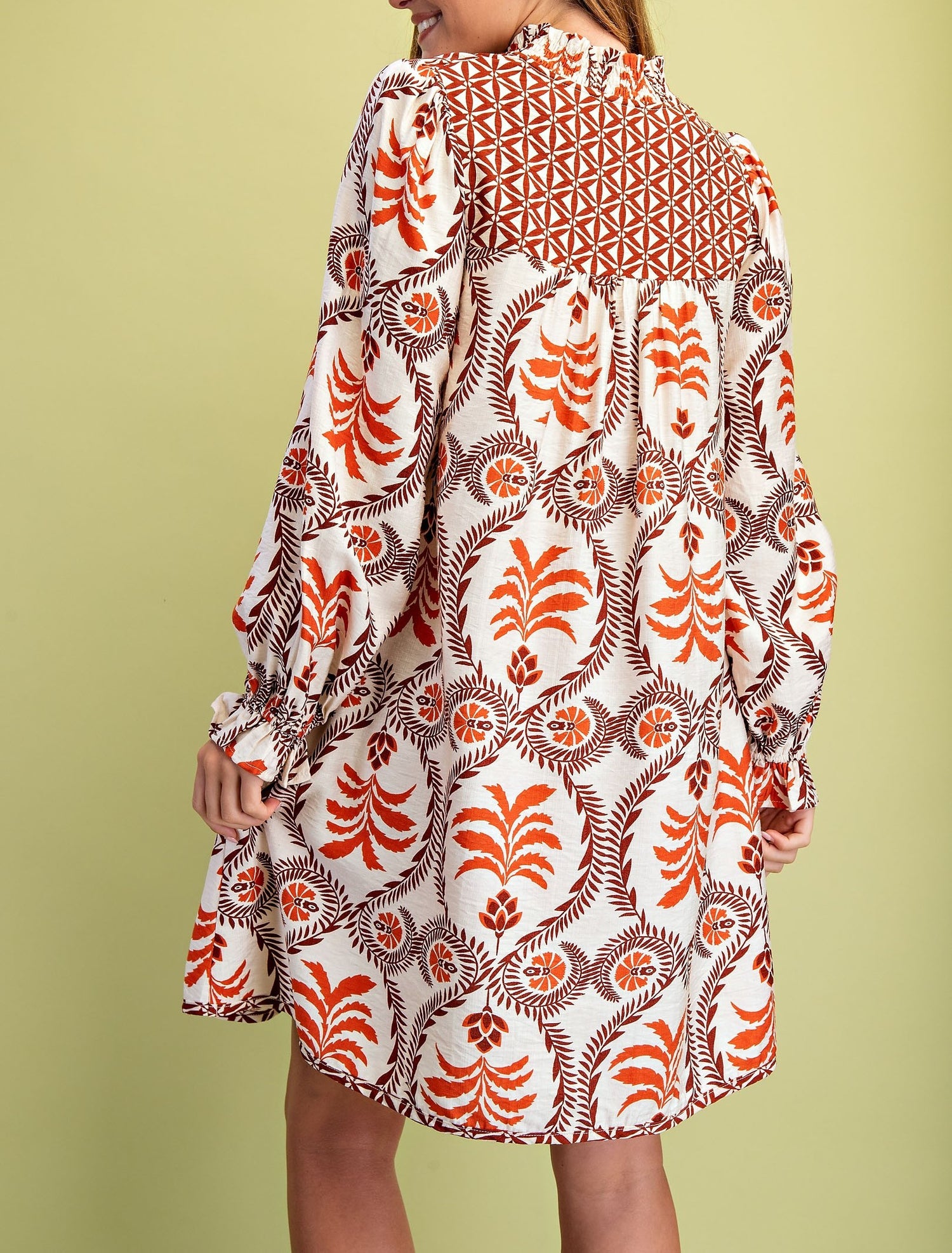RUST MIX PRINTED VNECK WITH CONTRASTING YOKE LONG SLEEVE MINI DRESS