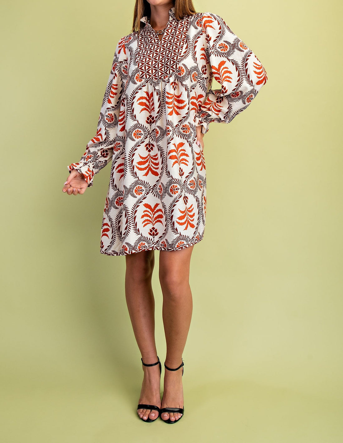 RUST MIX PRINTED VNECK WITH CONTRASTING YOKE LONG SLEEVE MINI DRESS