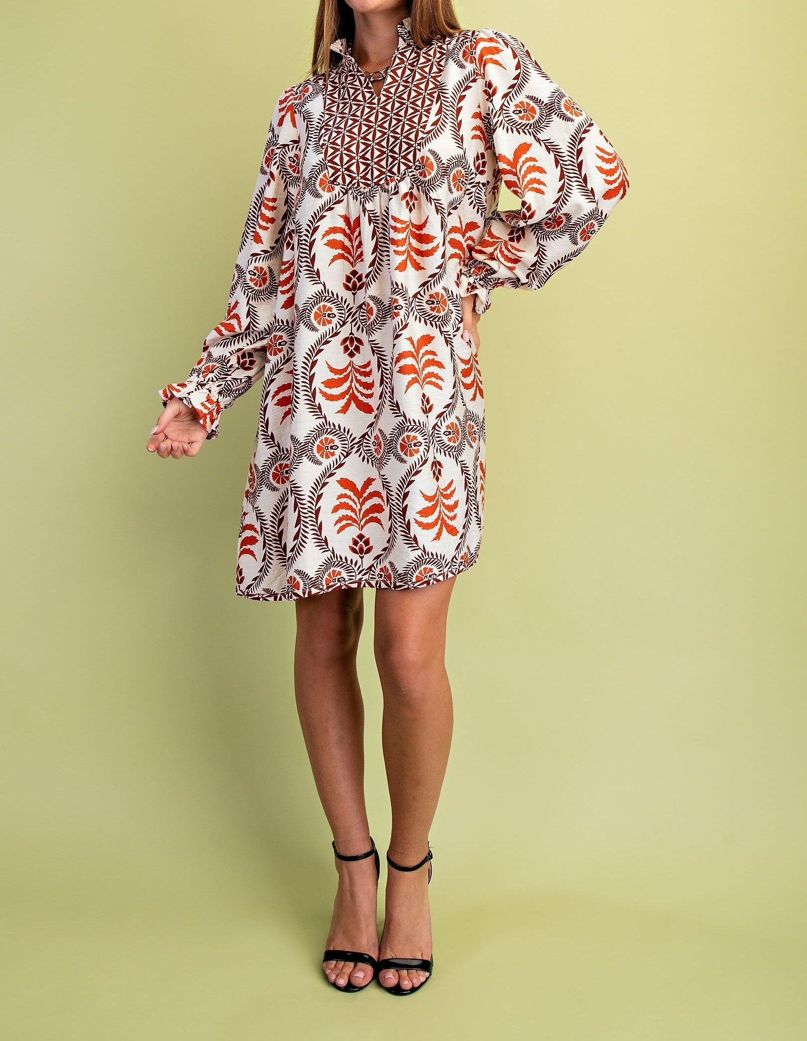 RUST MIX PRINTED VNECK WITH CONTRASTING YOKE LONG SLEEVE MINI DRESS