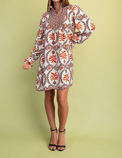 RUST MIX PRINTED VNECK WITH CONTRASTING YOKE LONG SLEEVE MINI DRESS