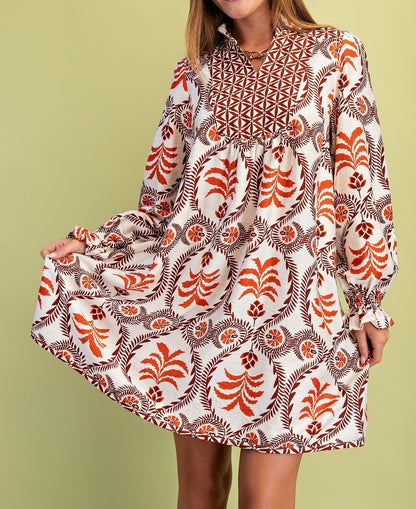 RUST MIX PRINTED VNECK WITH CONTRASTING YOKE LONG SLEEVE MINI DRESS