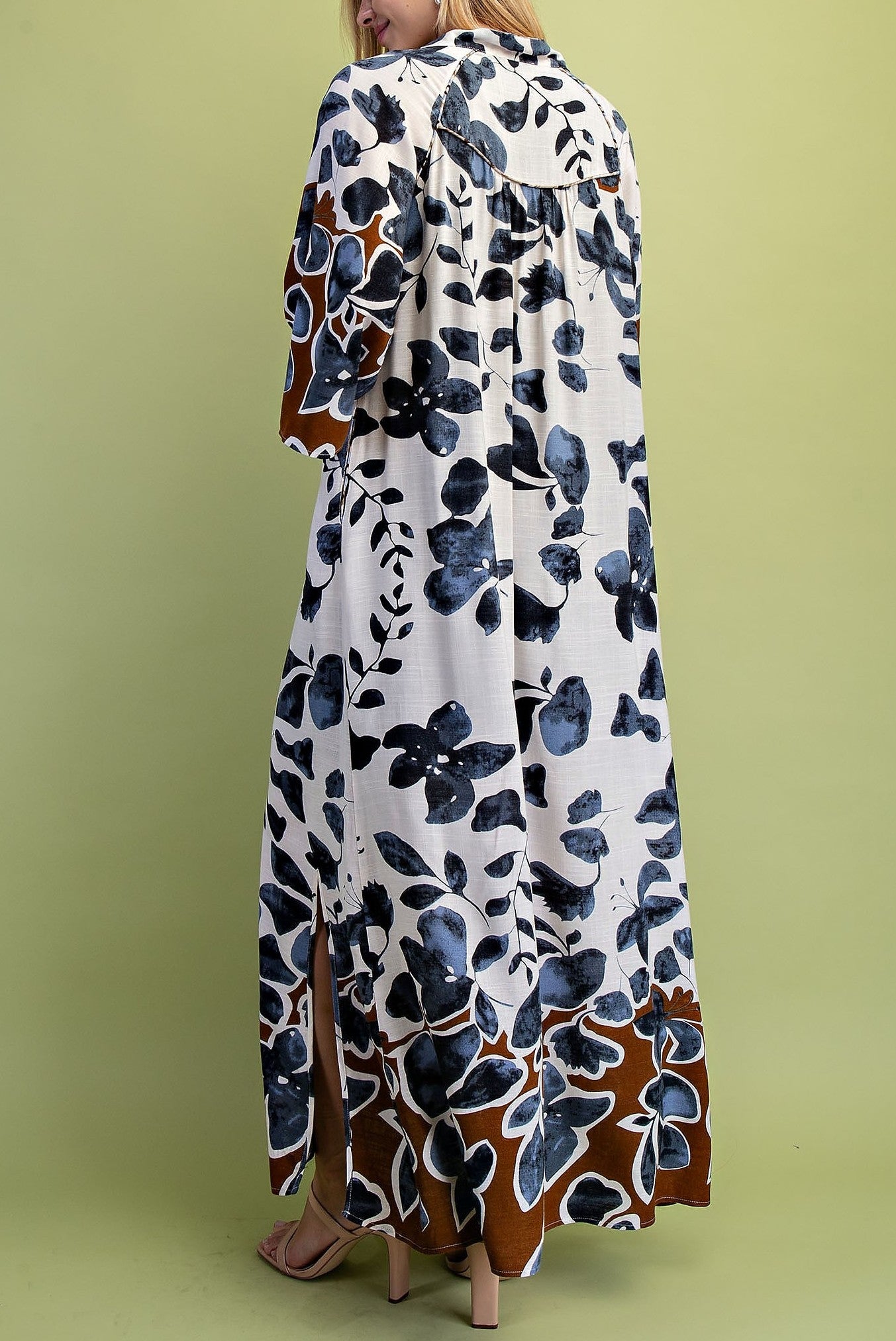 CHARCOAL MIX LEAF PRINT BOW NECK COLLAR LOUNGE MAXI DRESS