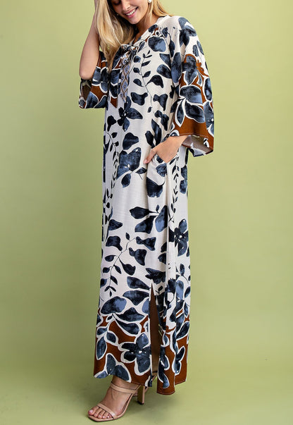 CHARCOAL MIX LEAF PRINT BOW NECK COLLAR LOUNGE MAXI DRESS