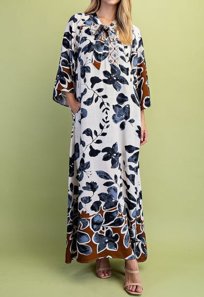 CHARCOAL MIX LEAF PRINT BOW NECK COLLAR LOUNGE MAXI DRESS