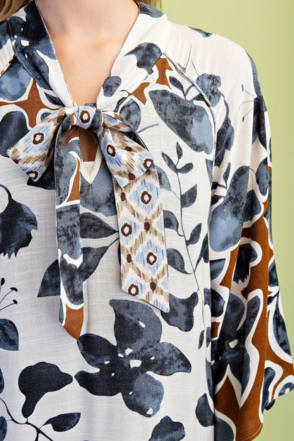 CHARCOAL MIX LEAF PRINT BOW NECK COLLAR LOUNGE MAXI DRESS