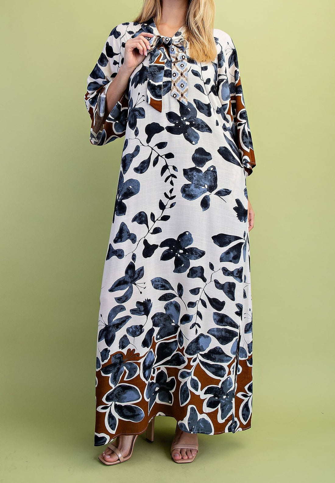 CHARCOAL MIX LEAF PRINT BOW NECK COLLAR LOUNGE MAXI DRESS