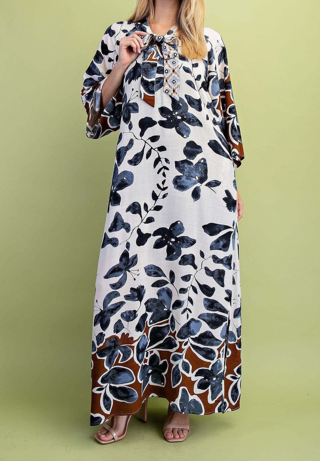 CHARCOAL MIX LEAF PRINT BOW NECK COLLAR LOUNGE MAXI DRESS