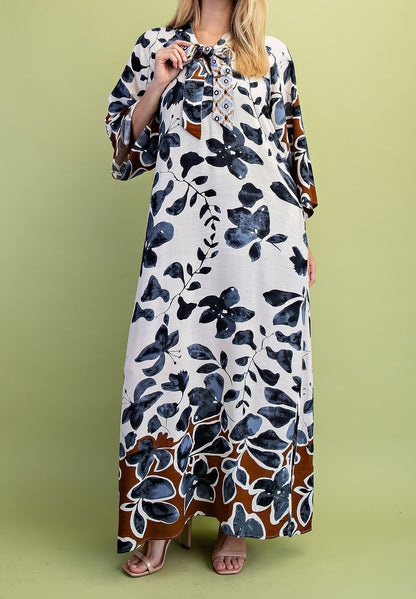 CHARCOAL MIX LEAF PRINT BOW NECK COLLAR LOUNGE MAXI DRESS