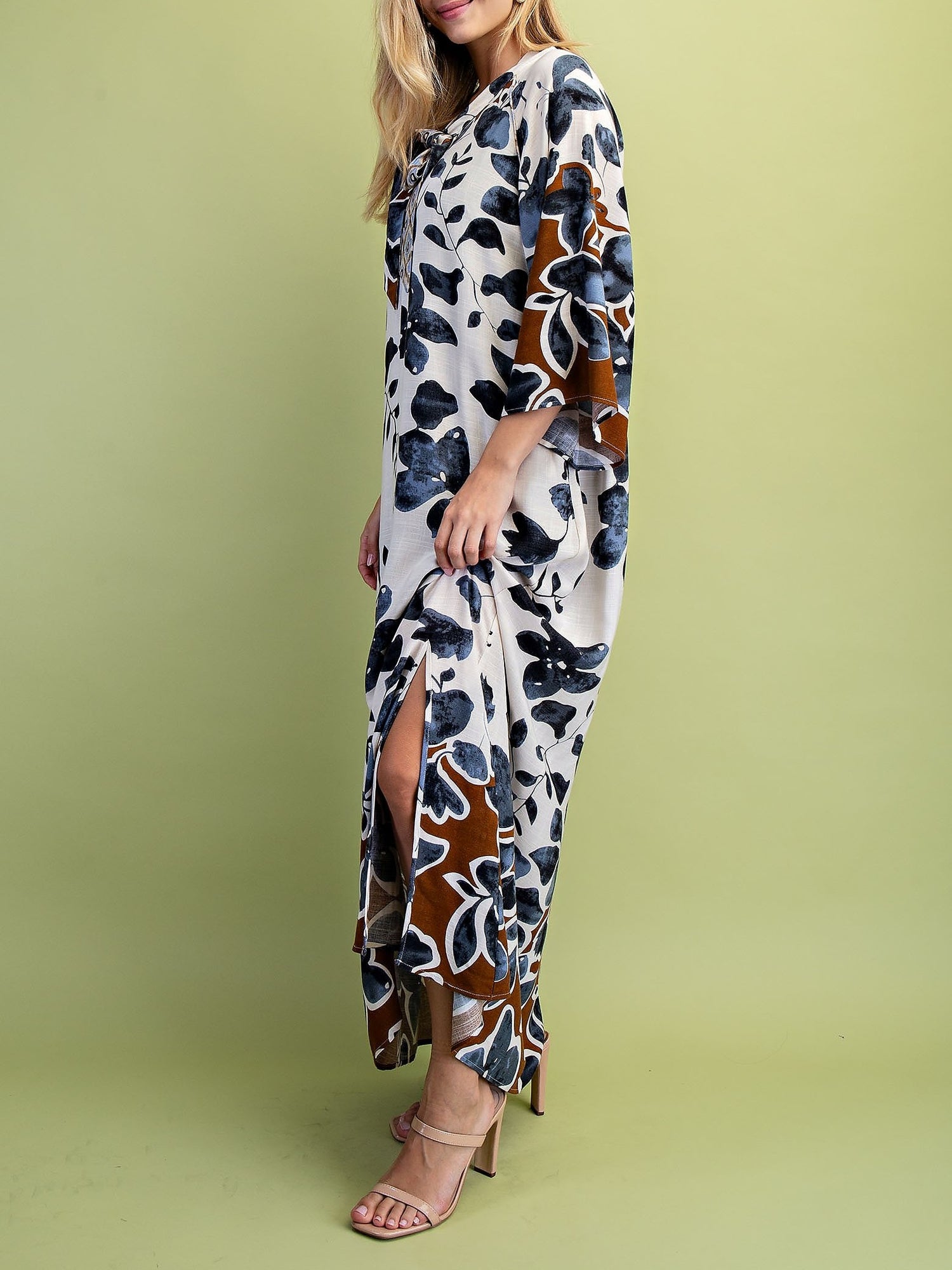 CHARCOAL MIX LEAF PRINT BOW NECK COLLAR LOUNGE MAXI DRESS