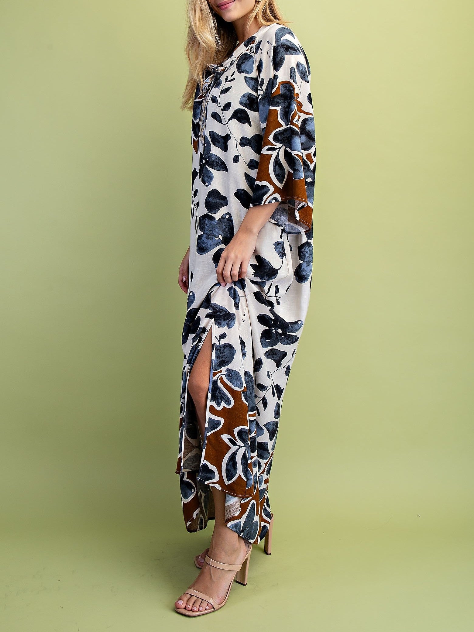 CHARCOAL MIX LEAF PRINT BOW NECK COLLAR LOUNGE MAXI DRESS