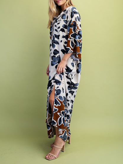 CHARCOAL MIX LEAF PRINT BOW NECK COLLAR LOUNGE MAXI DRESS