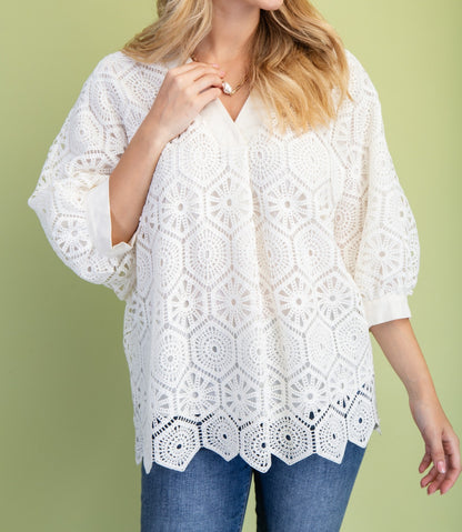 IVORY CROCHET VNECK 3/4 SLEEVE FLOWY BLOUSE
