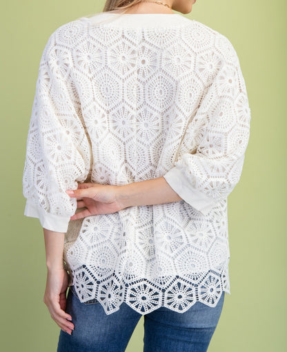 IVORY CROCHET VNECK 3/4 SLEEVE FLOWY BLOUSE