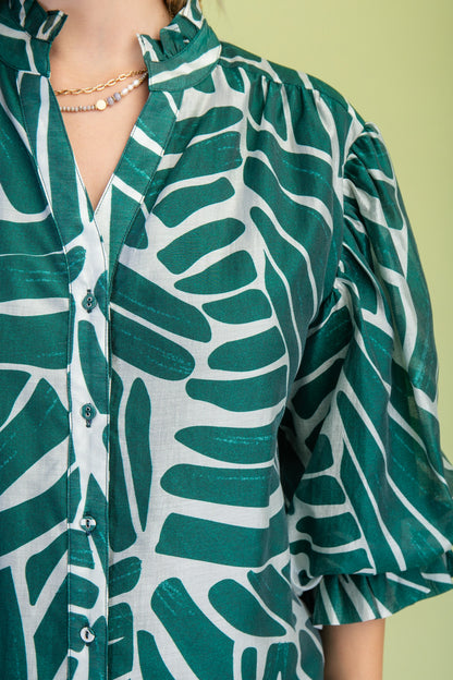 FOREST GREEN ABSTRACT PRINT BUTTON DOWN GATHERED SLEEVE TOP
