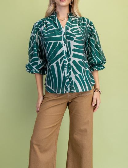 FOREST GREEN ABSTRACT PRINT BUTTON DOWN GATHERED SLEEVE TOP