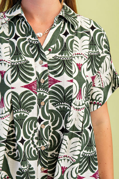 OLIVE MIX PRINTED SHORT SLEEVE BUTTON UP TOP