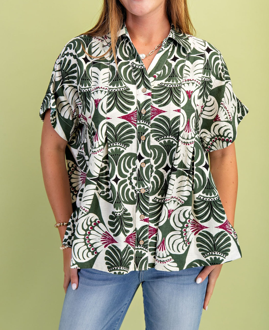 OLIVE MIX PRINTED SHORT SLEEVE BUTTON UP TOP