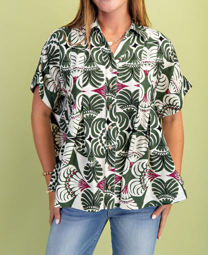 OLIVE MIX PRINTED SHORT SLEEVE BUTTON UP TOP