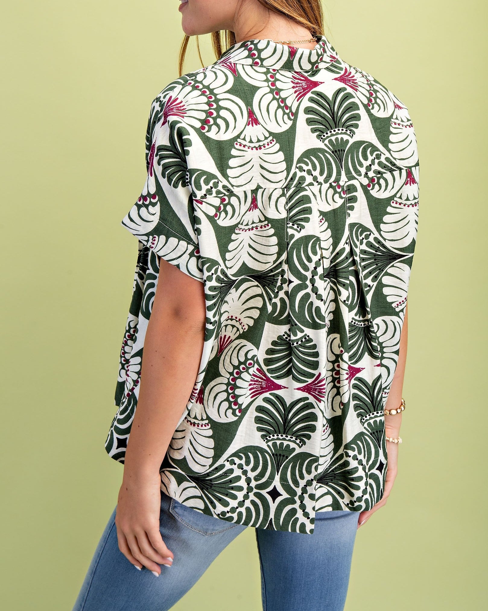 OLIVE MIX PRINTED SHORT SLEEVE BUTTON UP TOP