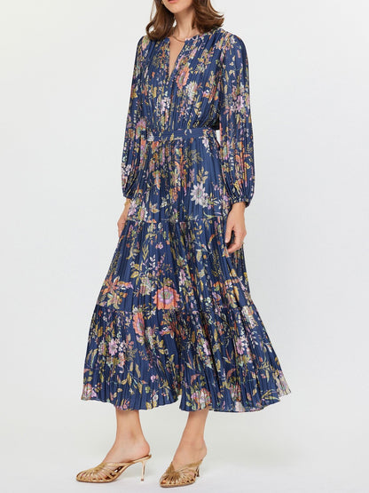NAVY MUTLI FLORAL PRINT PLEATED LONG SLEEVE MIDI DRESS