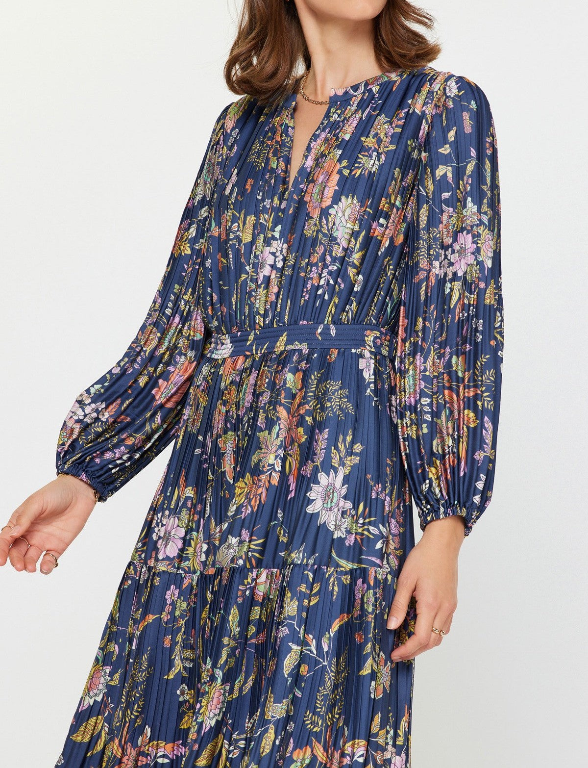 NAVY MUTLI FLORAL PRINT PLEATED LONG SLEEVE MIDI DRESS
