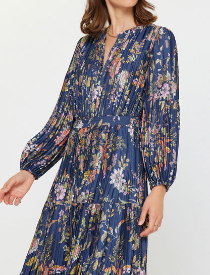 NAVY MUTLI FLORAL PRINT PLEATED LONG SLEEVE MIDI DRESS
