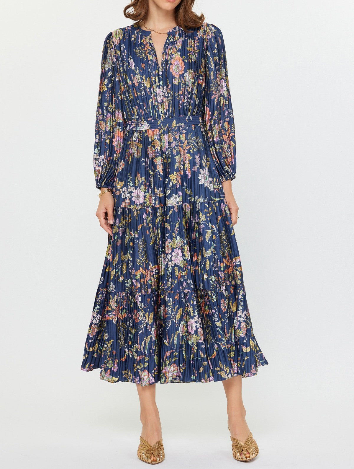 NAVY MUTLI FLORAL PRINT PLEATED LONG SLEEVE MIDI DRESS