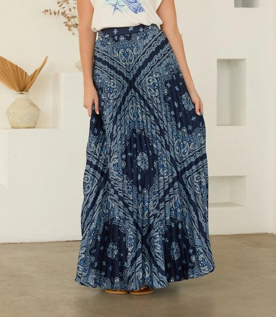 NAVY BANDANA PAISLEY PRINT PLEATED MAXI SKIRT