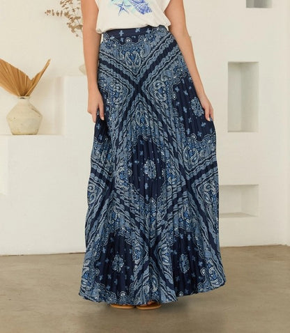 NAVY BANDANA PAISLEY PRINT PLEATED MAXI SKIRT