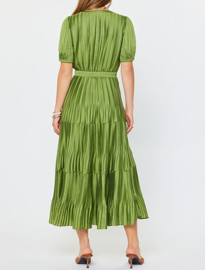 OLIVE PLEATED SPLIT NECK SHORT PUFF SLEEVE TIERED MAXI DRESS