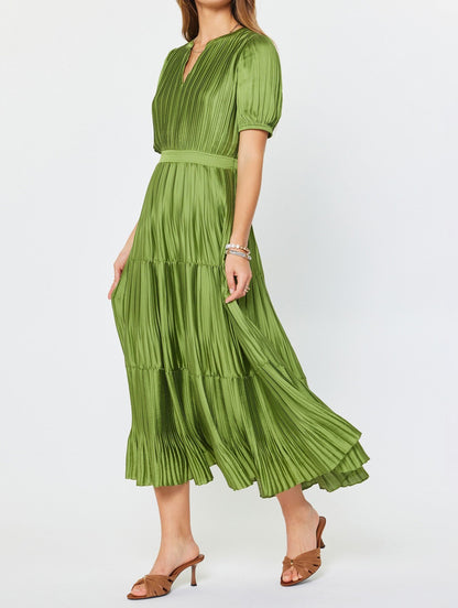 OLIVE PLEATED SPLIT NECK SHORT PUFF SLEEVE TIERED MAXI DRESS