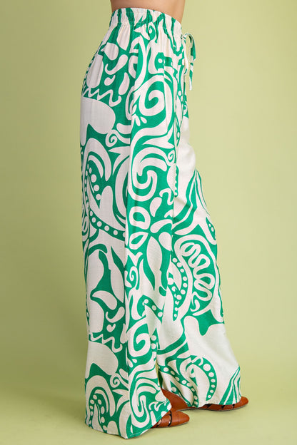 GREEN PRINTED RELAXED FIT WIDE LEG PANTS