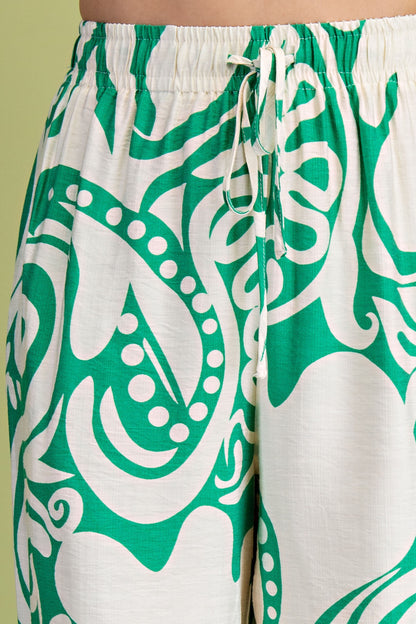 GREEN PRINTED RELAXED FIT WIDE LEG PANTS