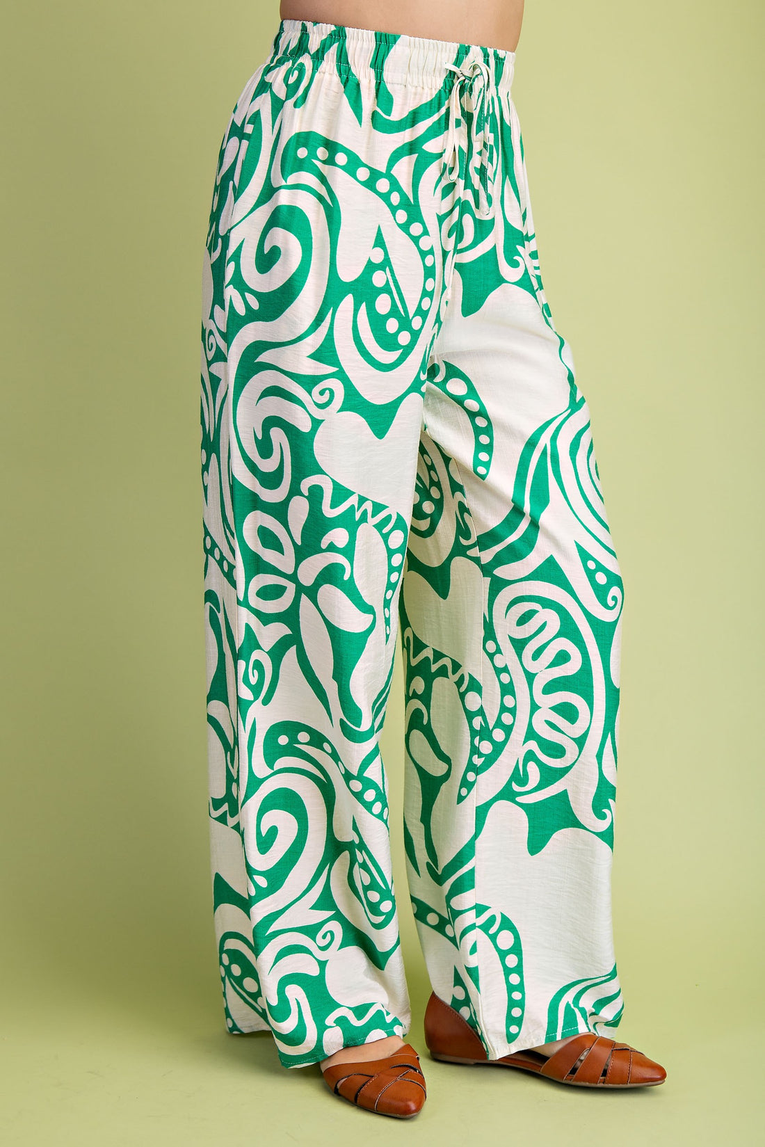GREEN PRINTED RELAXED FIT WIDE LEG PANTS