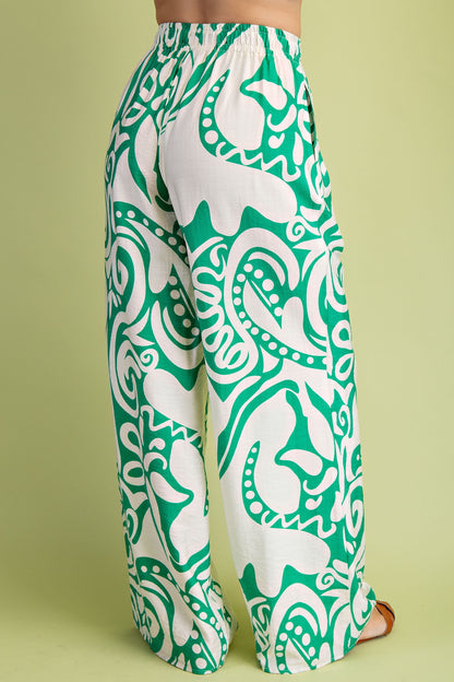 GREEN PRINTED RELAXED FIT WIDE LEG PANTS