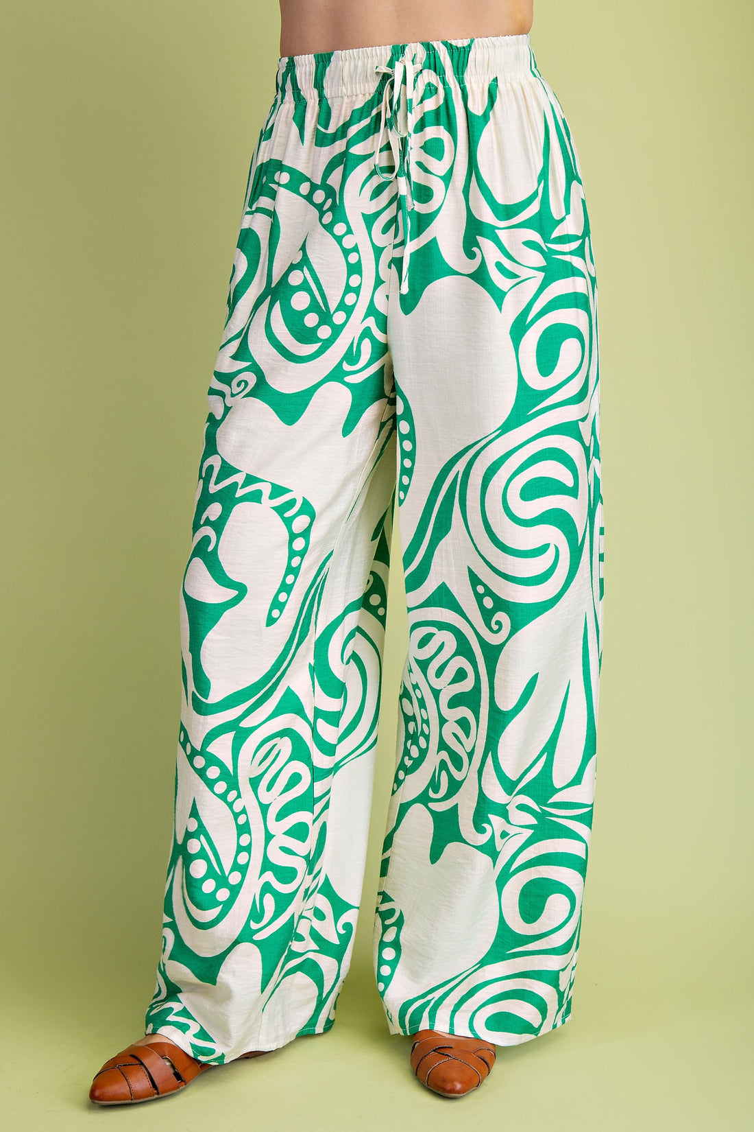 GREEN PRINTED RELAXED FIT WIDE LEG PANTS