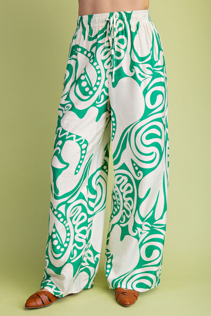 GREEN PRINTED RELAXED FIT WIDE LEG PANTS