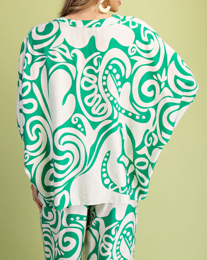 GREEN PRINTED DOLMAN SLEEVE RELAXED FIT TOP